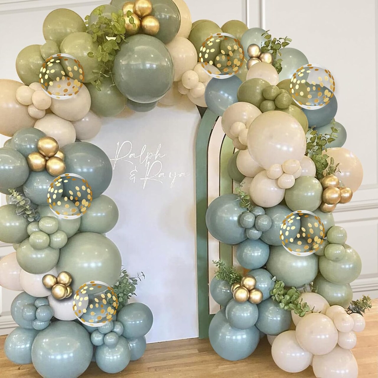 Dusty Green Blue Balloon Arch Kit - Green Ash Mist Blue Haze Fog Sand White Gold Balloons for Baby Shower Neutral Birthday Jungle Safari Wedding Party Decorations